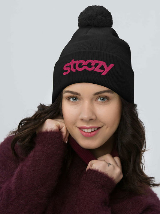 "Steezy Logo" Pom Pom Beanie (Black & Pink) - STEEZY Clothing