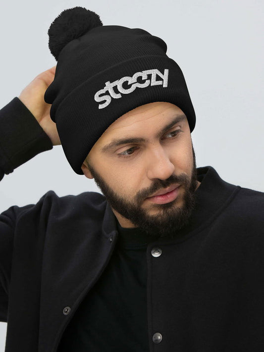 "Steezy Logo" Pom Pom Beanie (Black & White) - STEEZY Clothing
