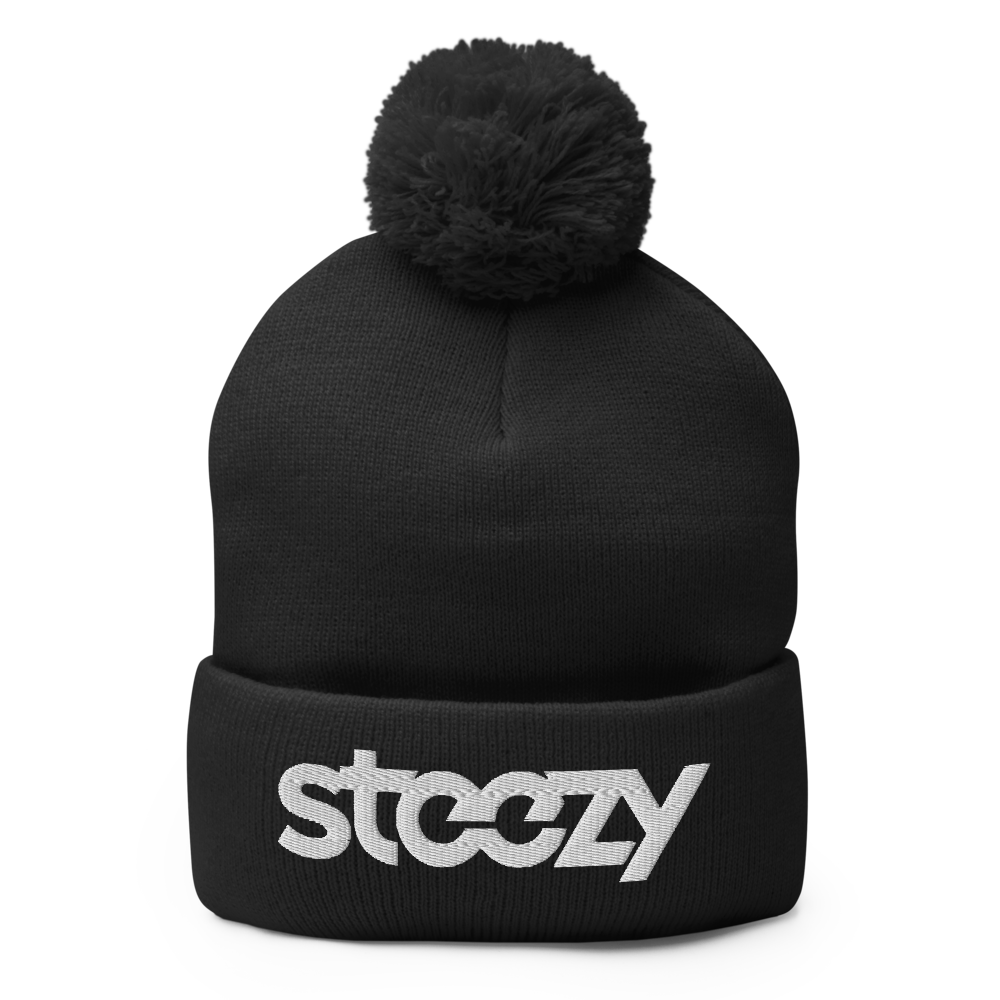 "Steezy Logo" Pom Pom Beanie (Black & White) - STEEZY Clothing