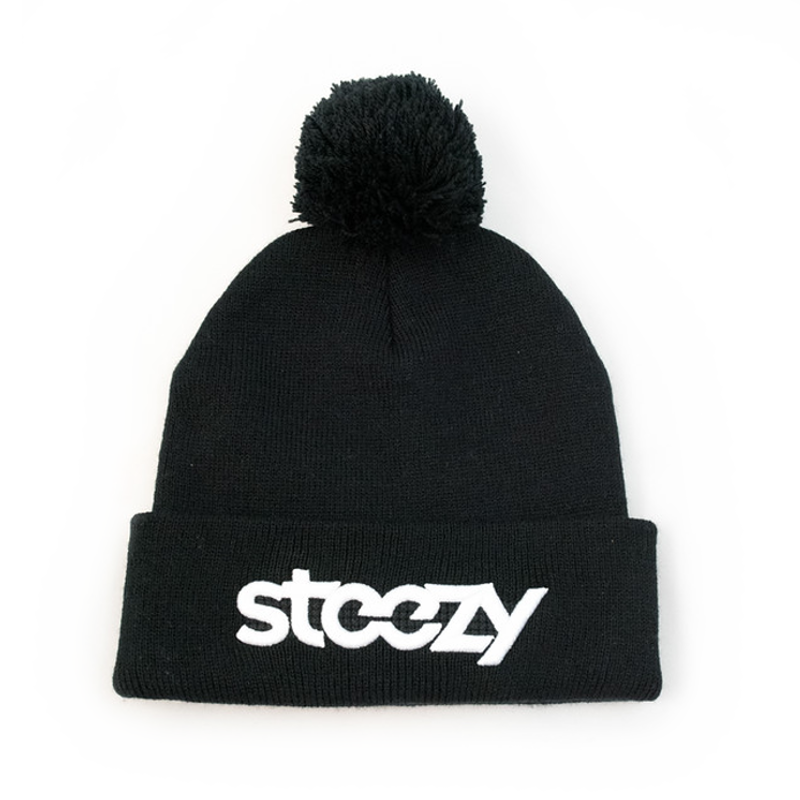"Steezy Logo" Pom Pom Beanie (Black & White) - STEEZY Clothing