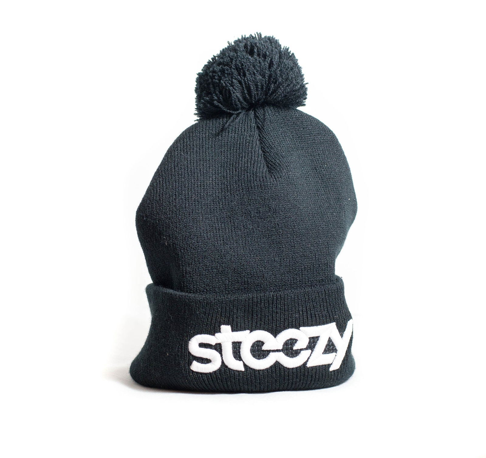 "Steezy Logo" Pom Pom Beanie (Black & White) - STEEZY Clothing