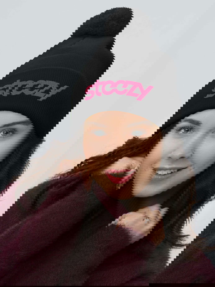 "Steezy Logo" Pom Pom Beanie (Black & Pink) - STEEZY Clothing