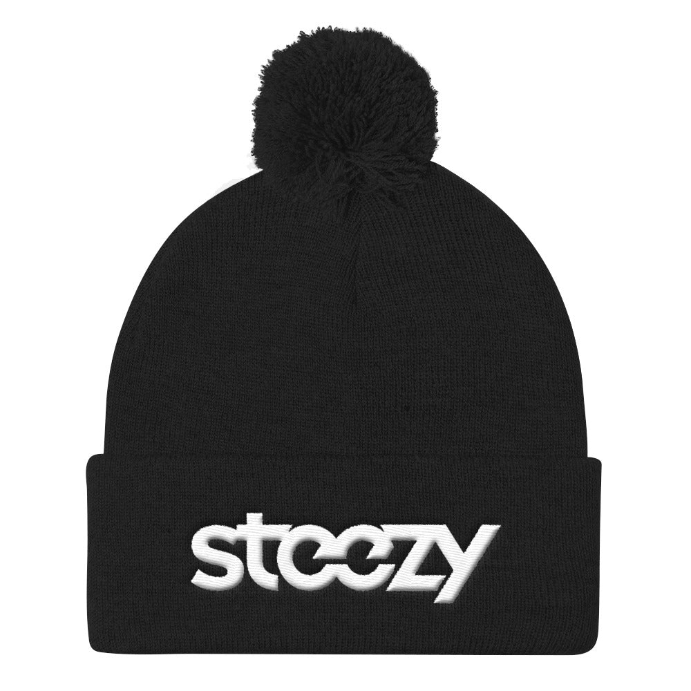 "Steezy Logo" Pom Pom Beanie (Black & White) - STEEZY Clothing