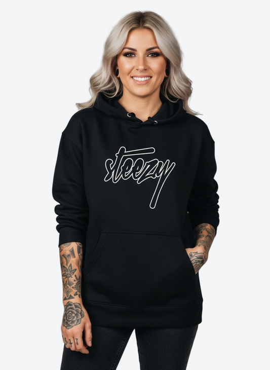 Person wearing a black hoodie with 'steezy' logo on a gray background